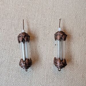 Glass Tube Drop Earrings with Antique Copper Leaf Caps #31